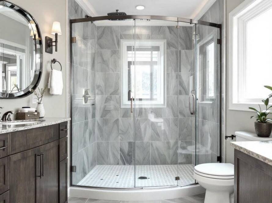 Alt Text: Luxurious, modern, and contemporary custom glass shower enclosures in a Boston bathroom transformation.