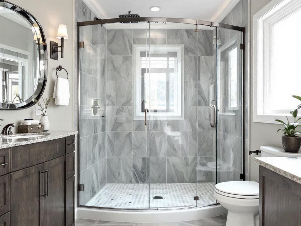 Alt Text: Luxurious, modern, and contemporary custom glass shower enclosures in a Boston bathroom transformation.
