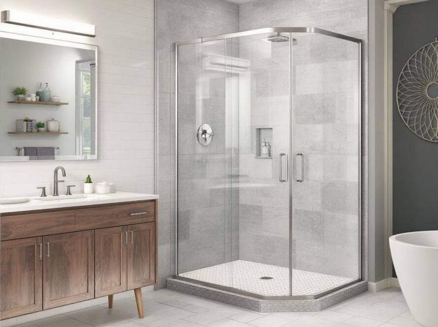 Custom designed and installed modern shower door transforming the bathroom experience.
