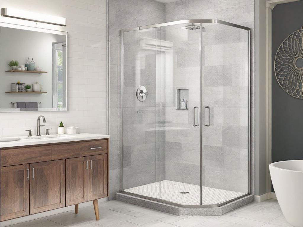 Custom designed and installed modern shower door transforming the bathroom experience.