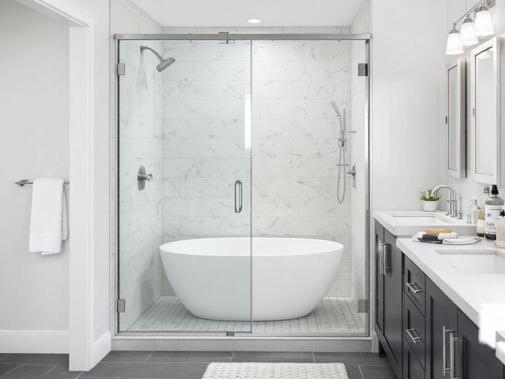 Customized shower door in a transformed bathroom setting.