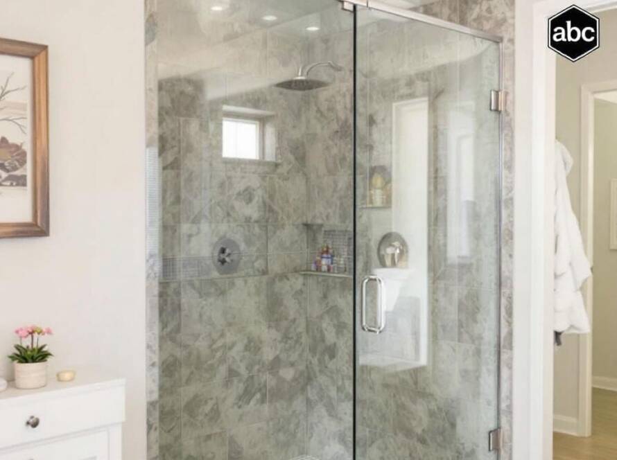 Alt text: An image showcasing a modern shower door installation in a contemporary bathroom in Boston.