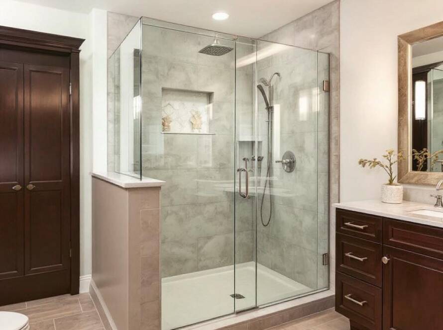 Picture of our custom frameless contemporary glass shower door on display.