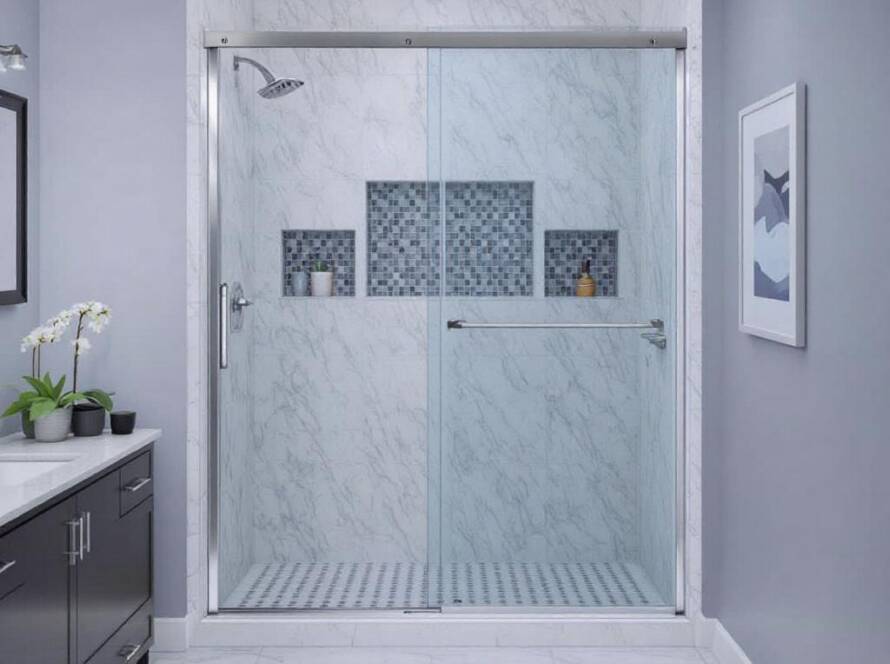 Alt Text: "Expert installers fixing a contemporary sliding shower door in Winchester, MA"