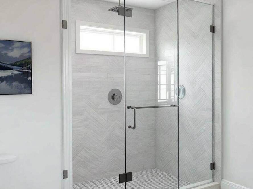 Contemporary and modern design of frameless custom shower doors.