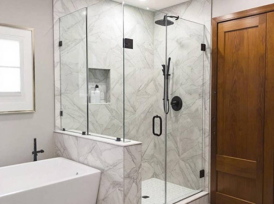 Alt Text: Professional handyman installing new custom glass shower doors with modern contemporary design in Boston.