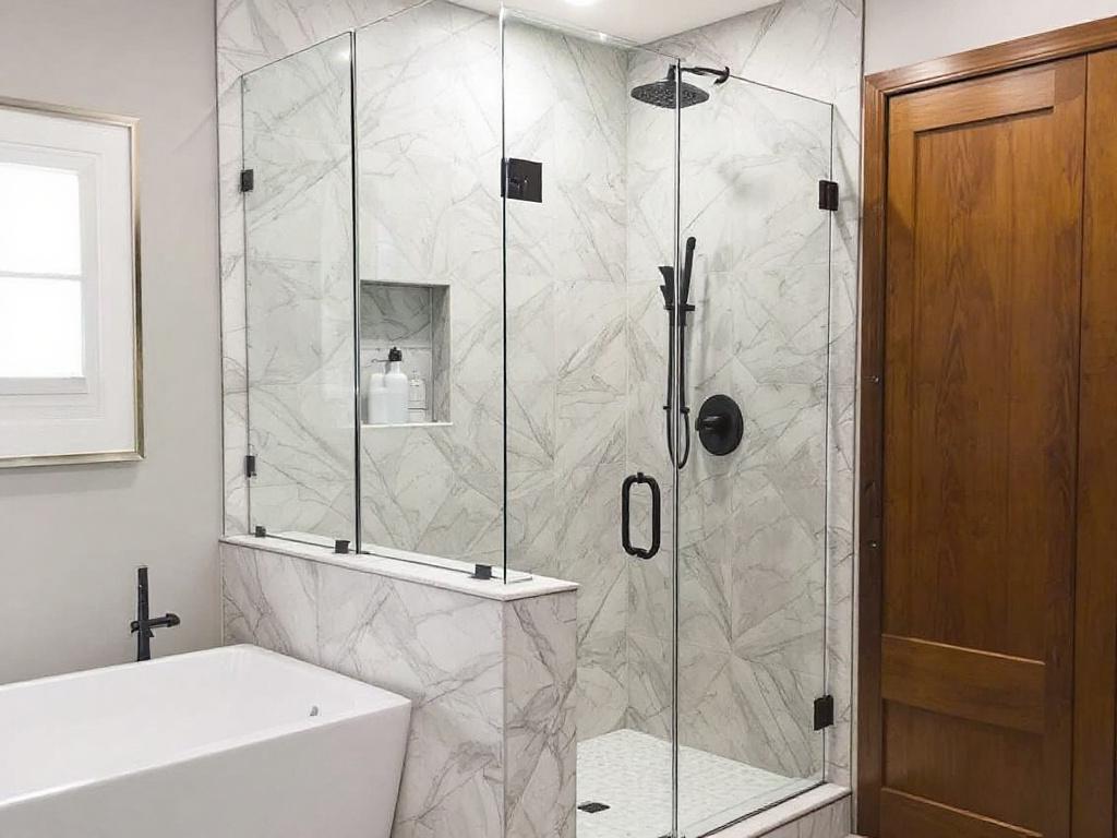 Alt Text: Professional handyman installing new custom glass shower doors with modern contemporary design in Boston.