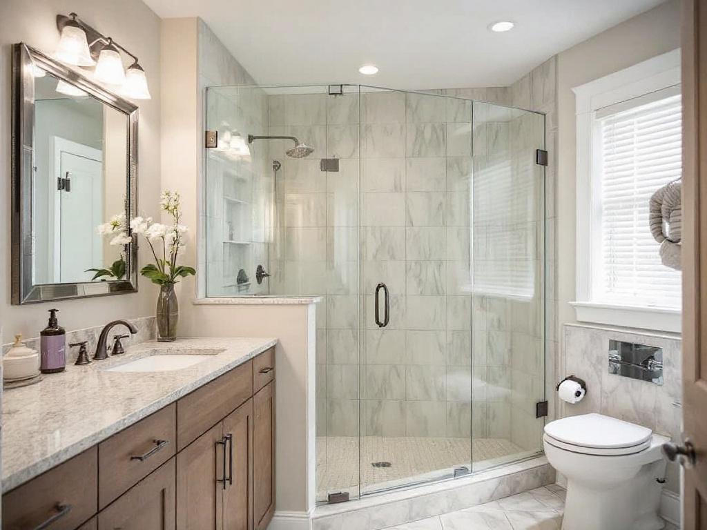 Alternative text: Modern frameless glass shower doors installation in a bathroom near Walpole, MA.