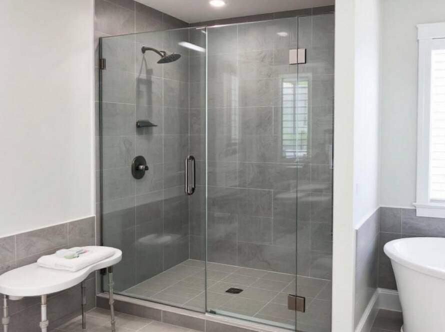 Contemporary frameless glass shower doors adding a modern touch to a bathroom in Boston, MA.