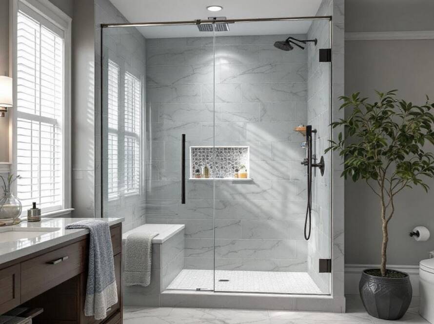An expertly installed custom shower door in a modern, contemporary bathroom setting in Boston.
