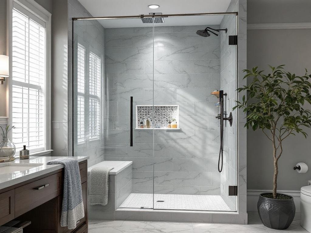 An expertly installed custom shower door in a modern, contemporary bathroom setting in Boston.