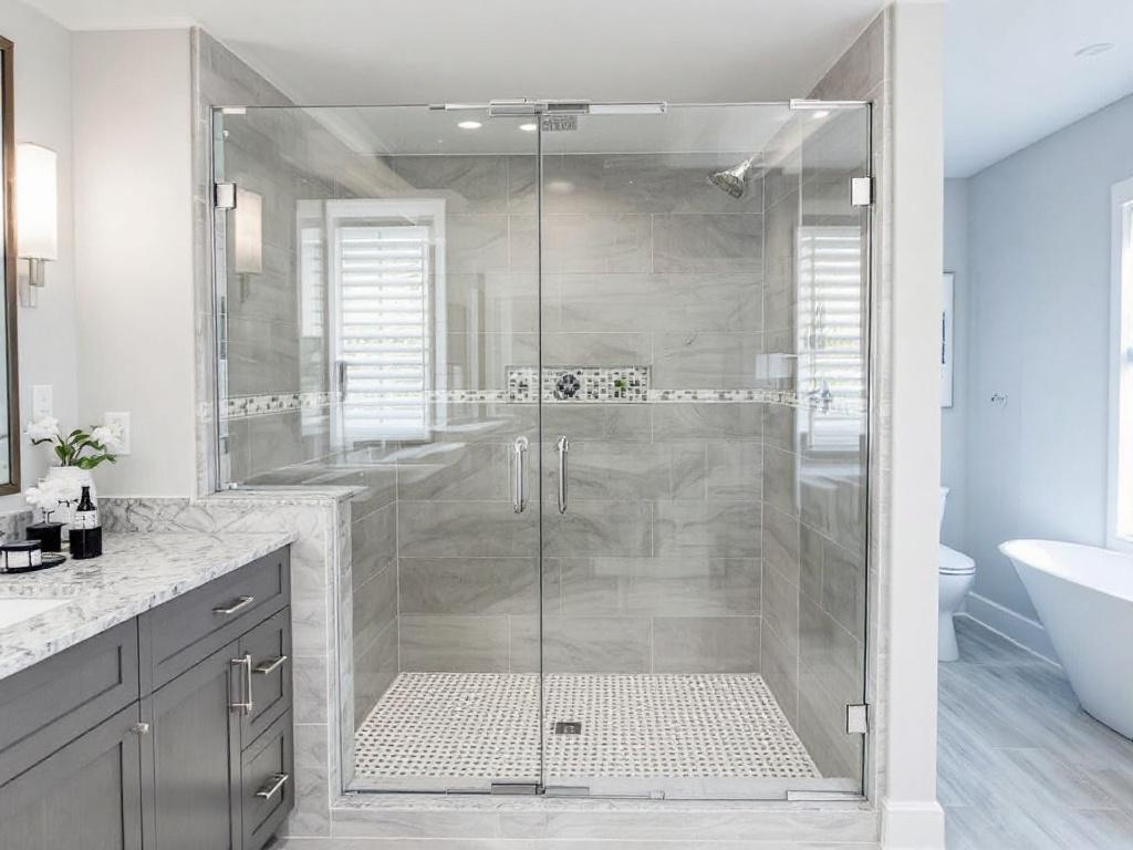 An avant-garde, contemporary design of custom glass shower doors installed by Atlantic Shower Door's expert craftsmen.