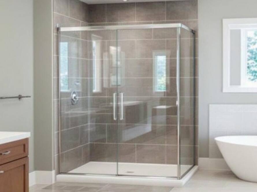 A modern contemporary designed sliding shower door just installed in a Boston home, depicting the new trend in bathroom design.