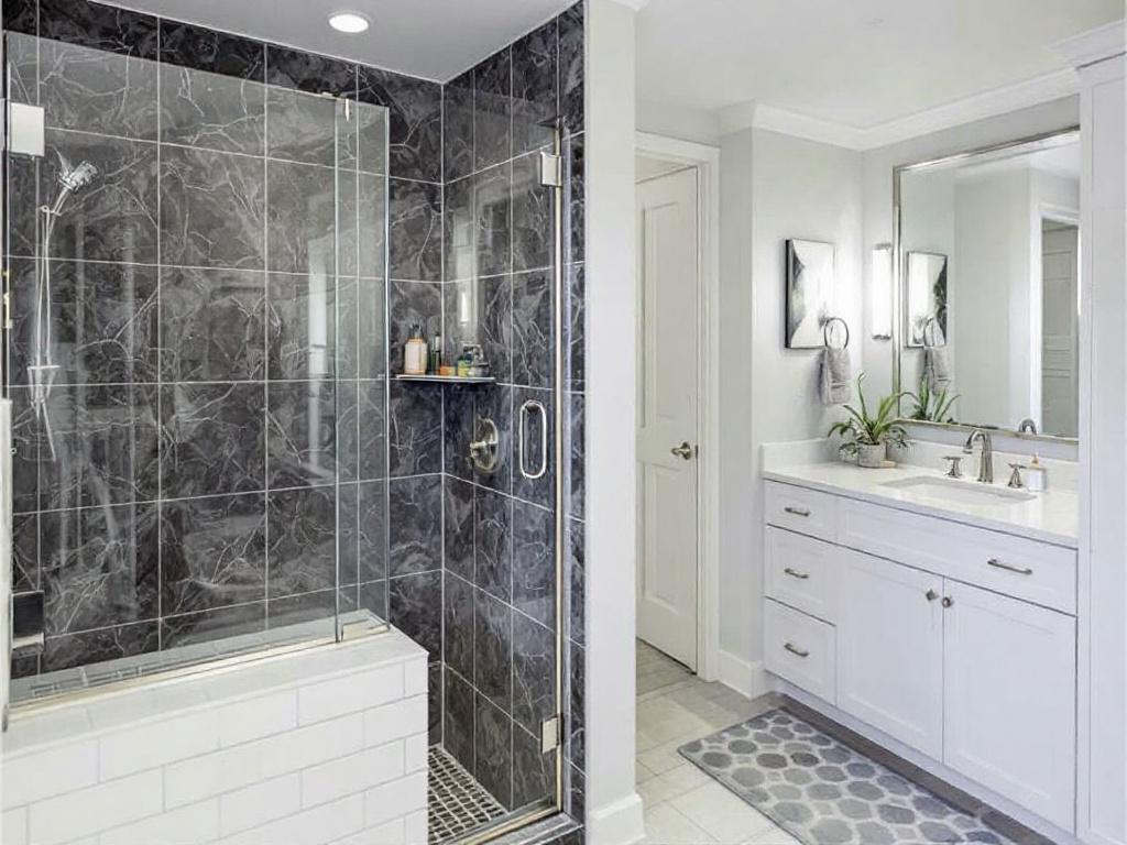 Professional shower door installers from Burlington standing with their newly crafted modern and contemporary glass shower door design.