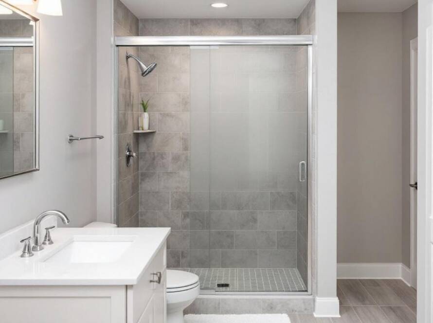 Alternative text: Professional team installing a contemporary designed sliding shower door in Wakefield, MA.