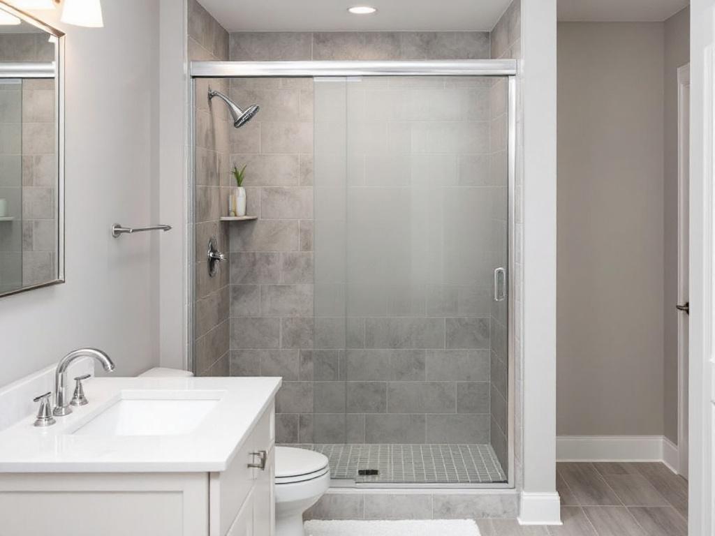 Alternative text: Professional team installing a contemporary designed sliding shower door in Wakefield, MA.