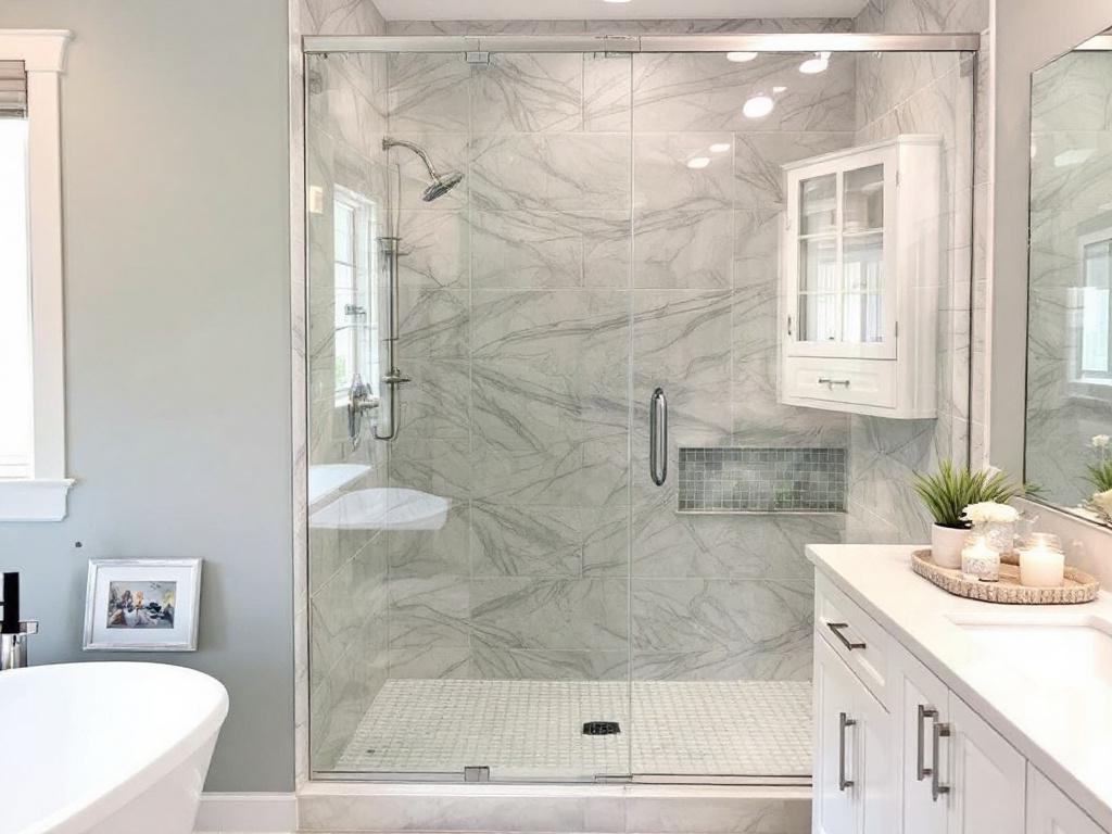 Sleek modern sliding shower door being installed by professionals in Woburn MA.