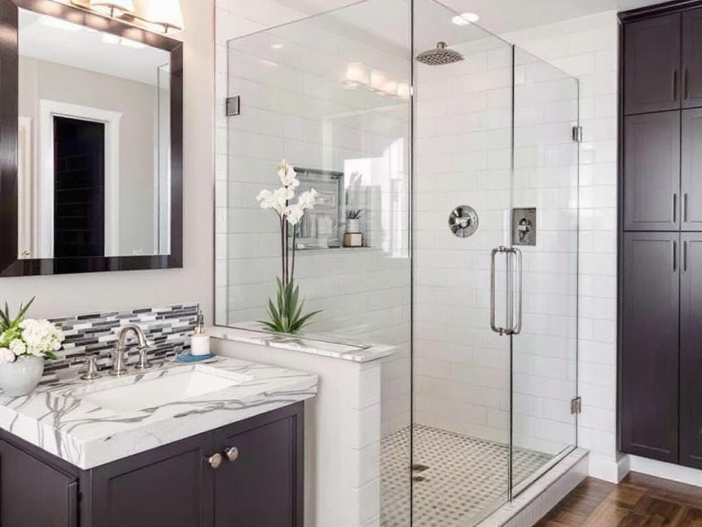 Image showcasing the process of a modern bathroom door installation by expert craftsmen near Boston MA.