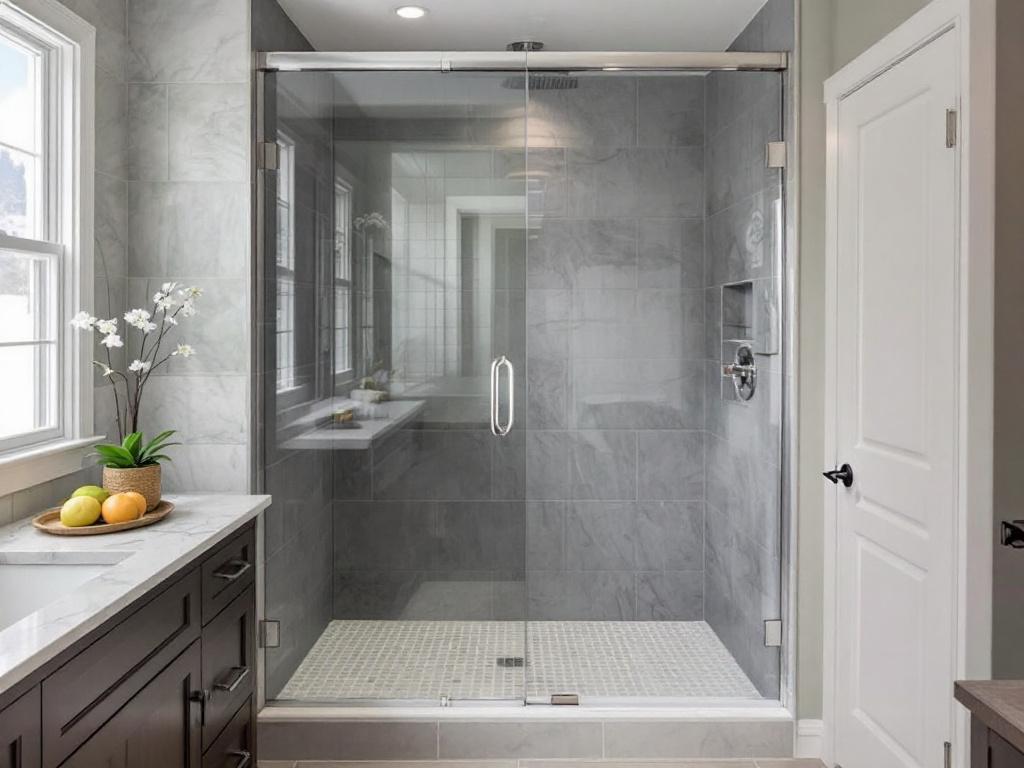 A modern, custom frameless shower enclosure, freshly installed in a contemporary style bathroom in Waltham, MA.