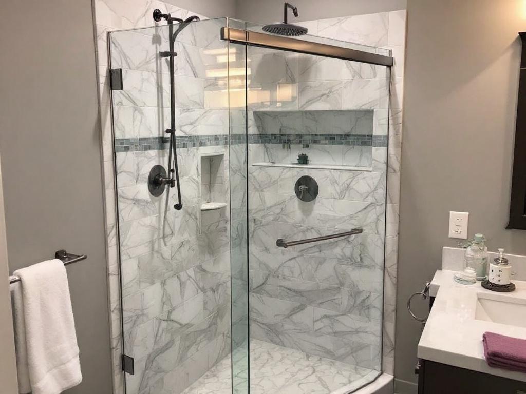 Alternative text: Professional instructor demonstrating shower door installation techniques in a masterclass in Boston.