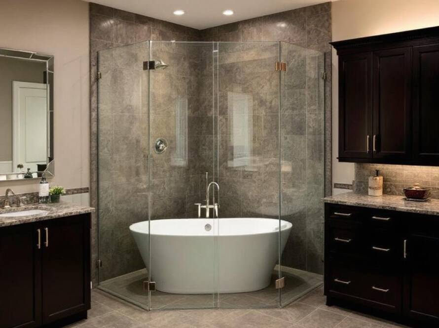 Modern, contemporary glass shower doors newly installed in a bathroom in Medford, MA.