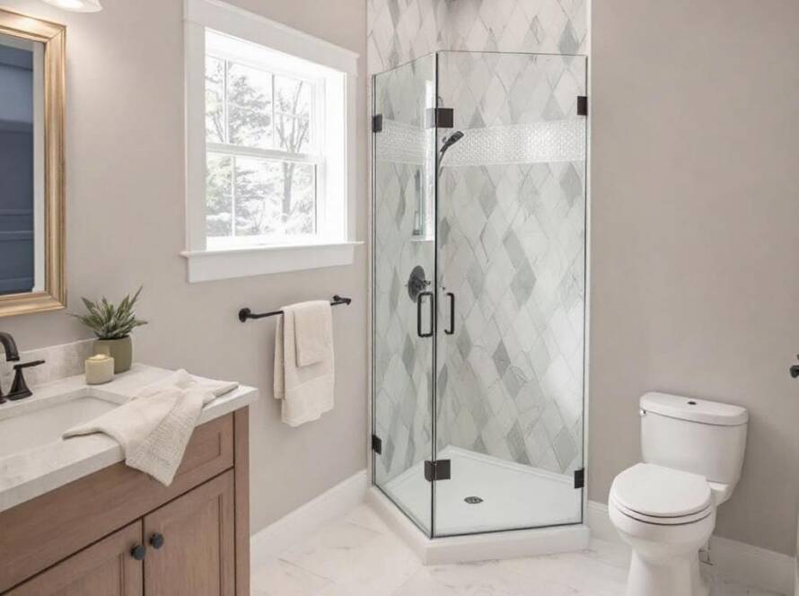 An elegant glass door installation with a modern frameless design in a bathroom located near Walpole, MA.