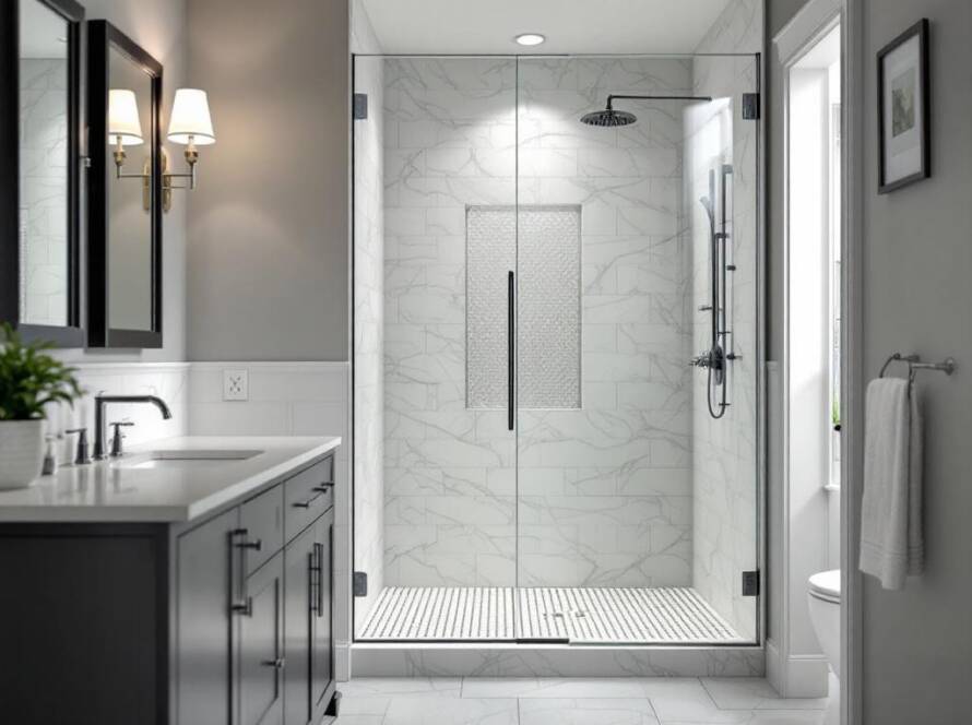 Modern custom shower door design installed in Boston residence.