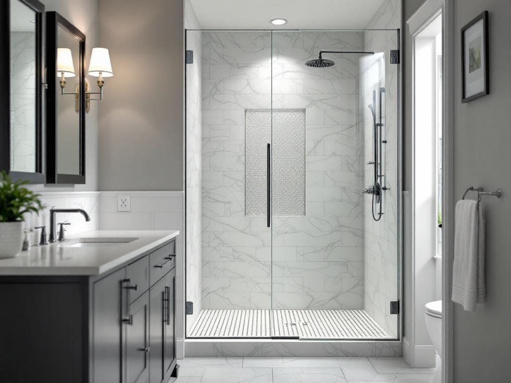 Modern custom shower door design installed in Boston residence.