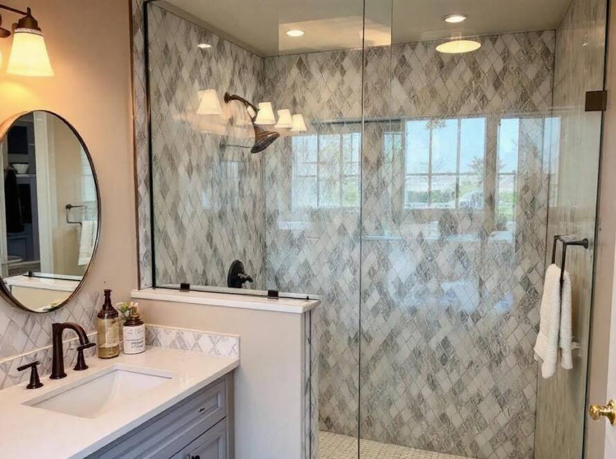 Modern, contemporary shower door crafted and installed near Billerica MA.