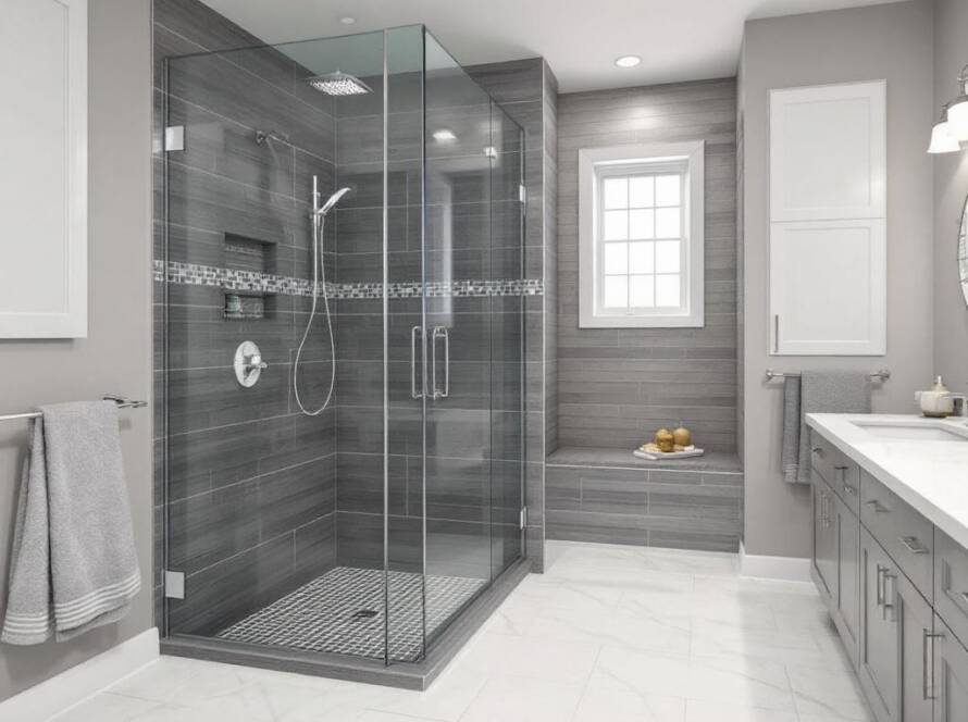 Custom frameless shower glass door in a modern, contemporary design by a Boston-based company.