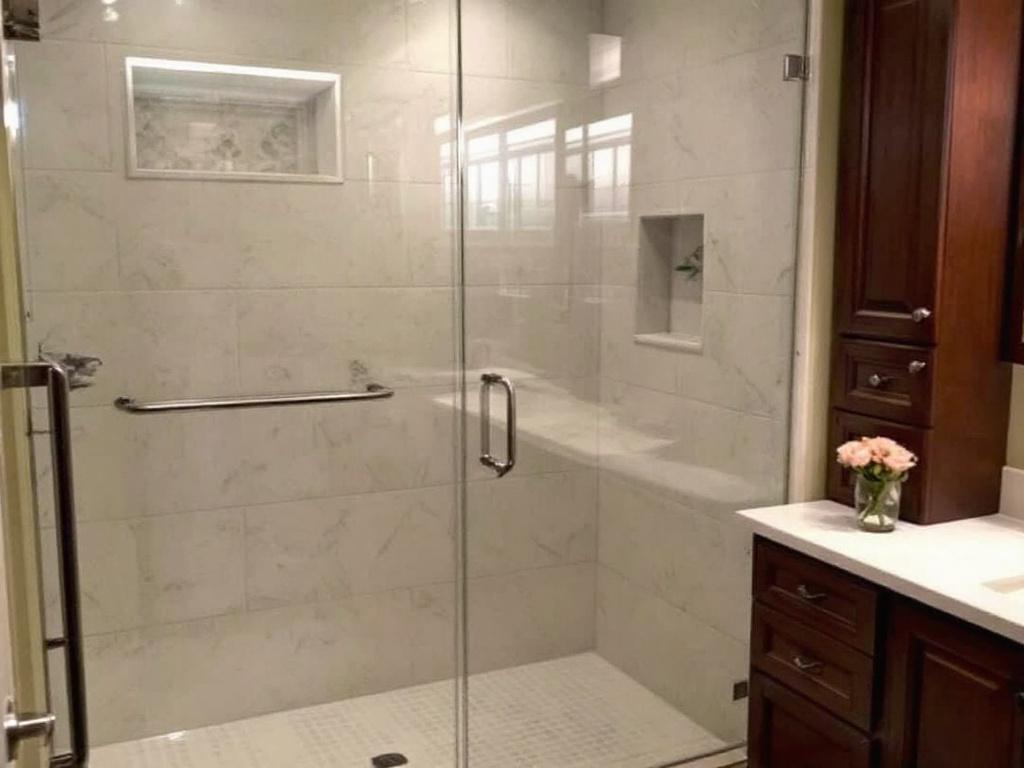 Professional installation of frameless shower doors in Weymouth, MA displaying high levels of craftsmanship.