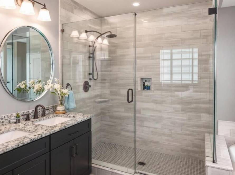 A modern, contemporary designed shower door newly installed by our game-changing services in Boston.