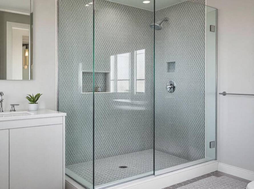 Custom glass shower doors displaying modern, contemporary design in Boston.
