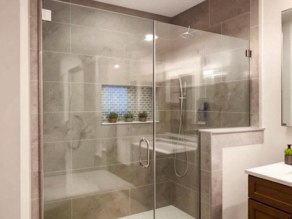 A professional replacing a modern glass shower door in a contemporary washroom near Lynn.