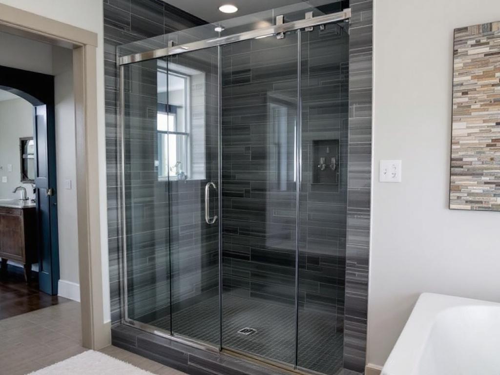Professional technician installing contemporary sliding shower door in a modern bathroom near Wakefield, MA.