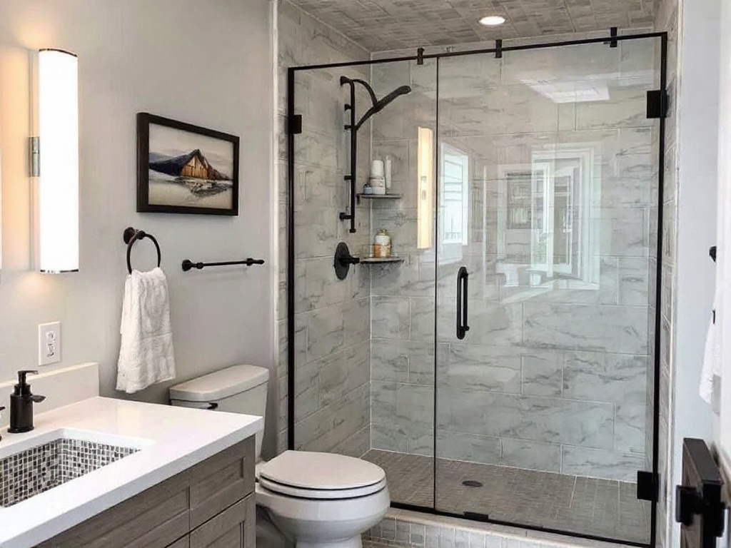 Elegant glass shower door installed by professional craftsmen enhancing the look of a bathroom in Quincy, MA.