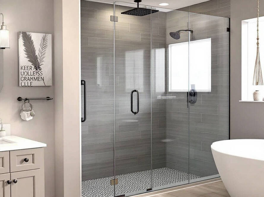 A modern, contemporary design of a elegant bathroom in Boston, showcasing a new bathtub shower door installation.