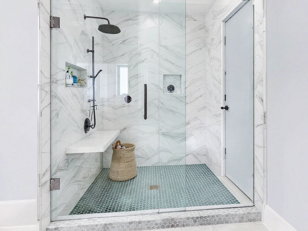 A stylish and contemporary custom frameless shower glass designed by the Premier Shower Glass Company in a modern bathroom.