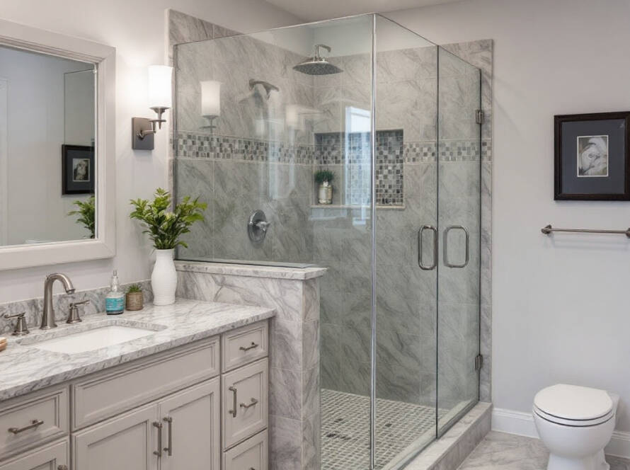 Alternative text: A sophisticated, contemporary design of a shower door recently installed by Boxborough MA specialists adding a touch of luxury to a modern bathroom.