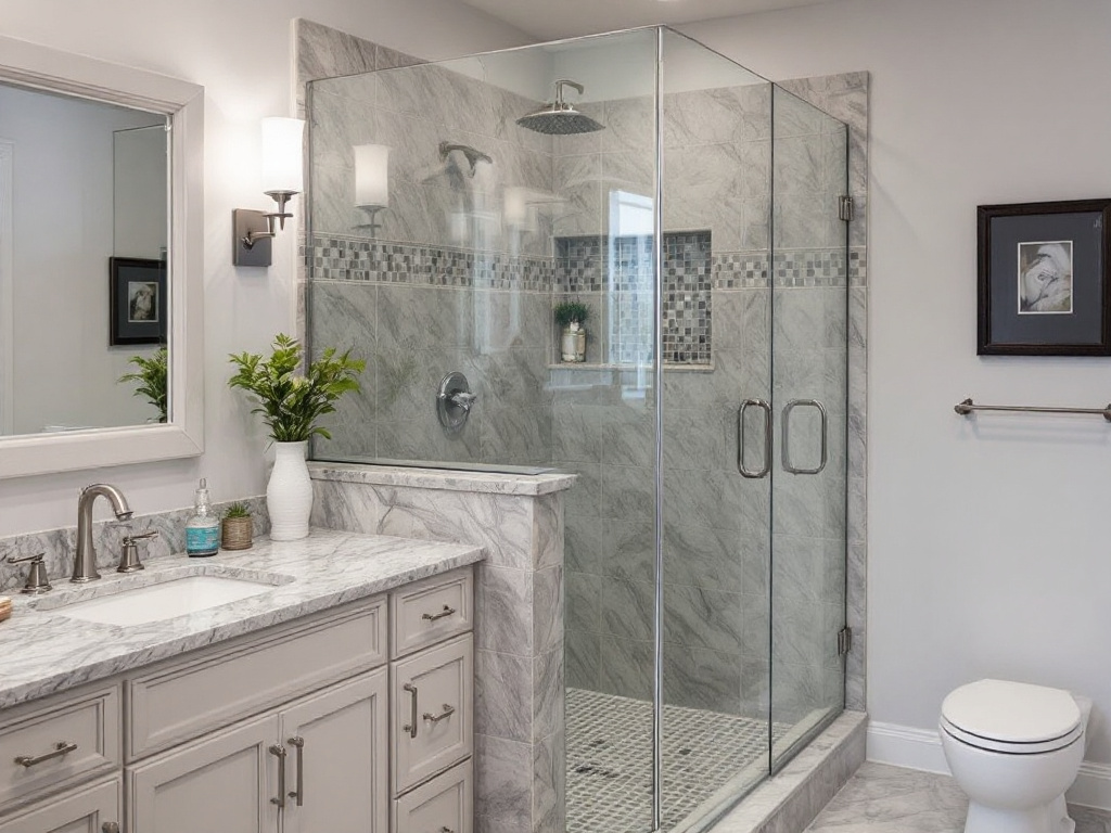 Alternative text: A sophisticated, contemporary design of a shower door recently installed by Boxborough MA specialists adding a touch of luxury to a modern bathroom. 