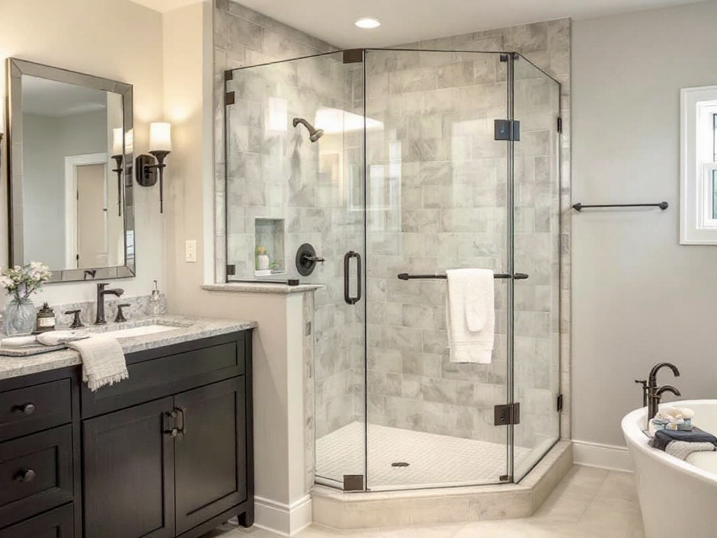Alternative text: A luxurious bathroom design featuring a high-end, handcrafted shower door installed by Boxborough MA experts.