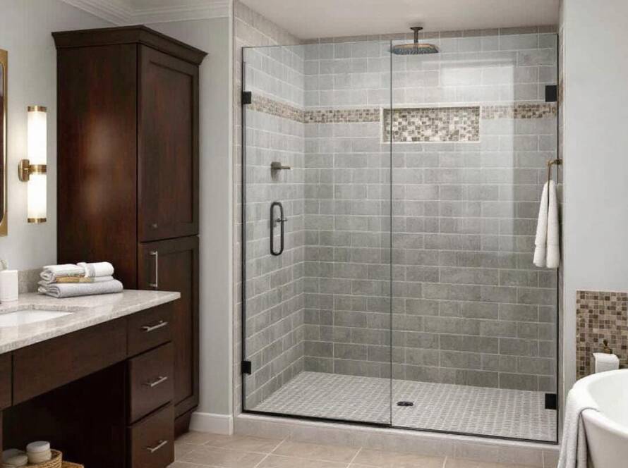 Custom made sliding shower doors featuring a sleek, contemporary design for a modern bathroom.