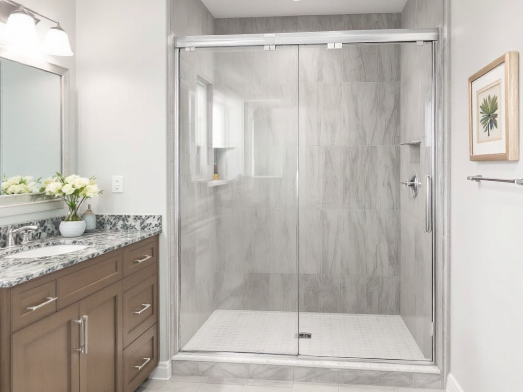 Modern, contemporary style shower door freshly installed by expert craftsmen in Allston, MA.
