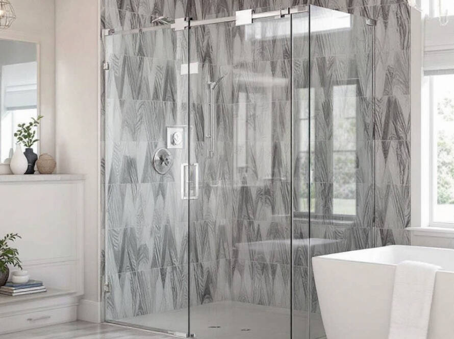 'Exquisite custom glass shower door made by skilled artisans offering a modern contemporary design in Boston.'