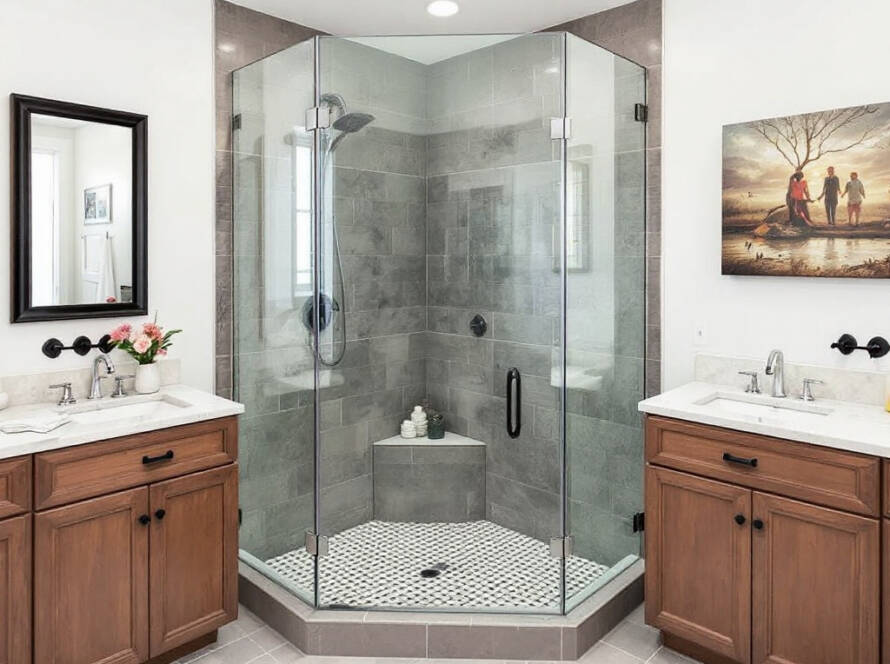 Alt text: Custom glass shower doors by Boston Frameless Solutions showcasing modern and contemporary designs for an elevated bath space.