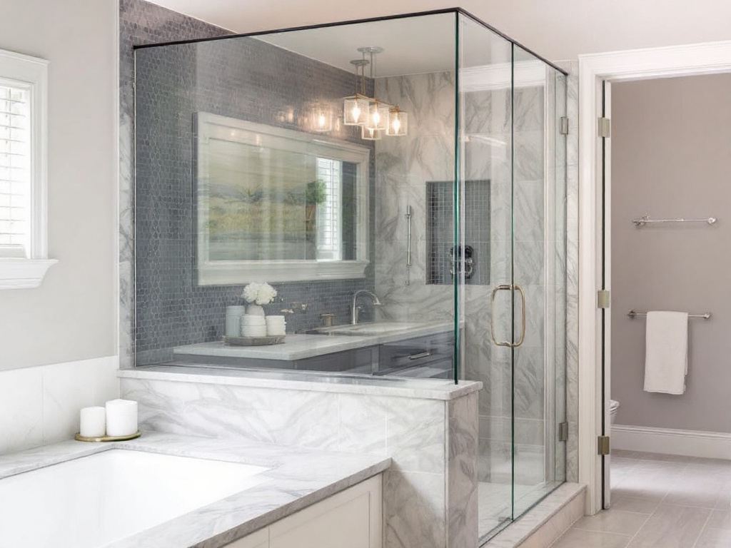Sophisticated frameless shower enclosure showcasing luxurious bathing experience in Natick, MA.