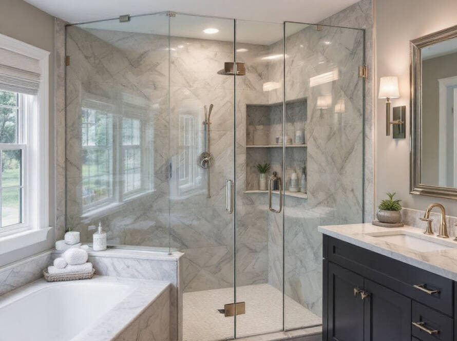 Elegant frameless shower glass installed in a modern styled bathroom near Ashland, MA.