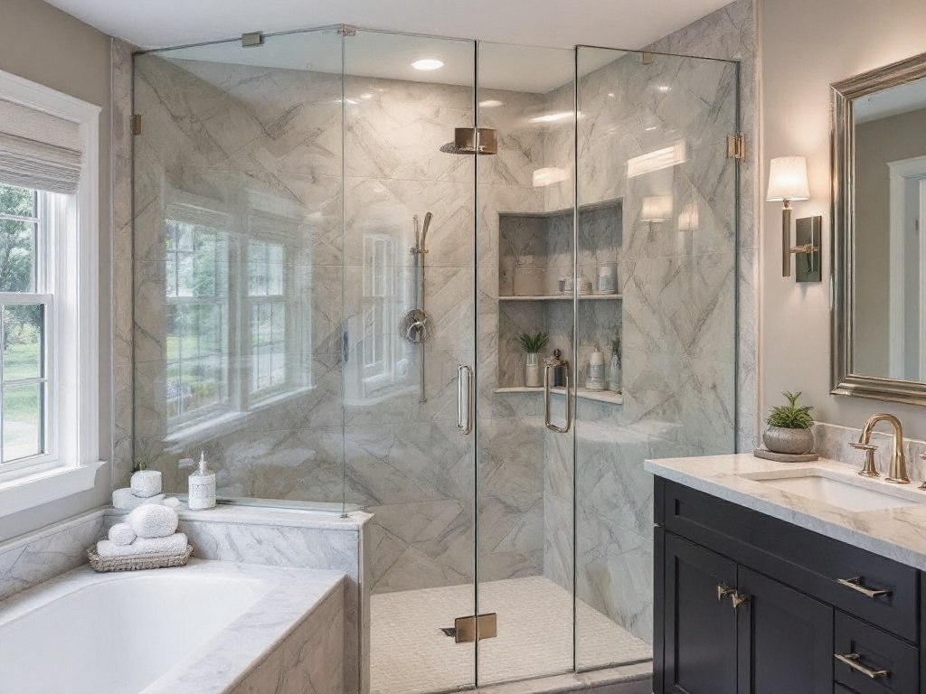 Elegant frameless shower glass installed in a modern styled bathroom near Ashland, MA.