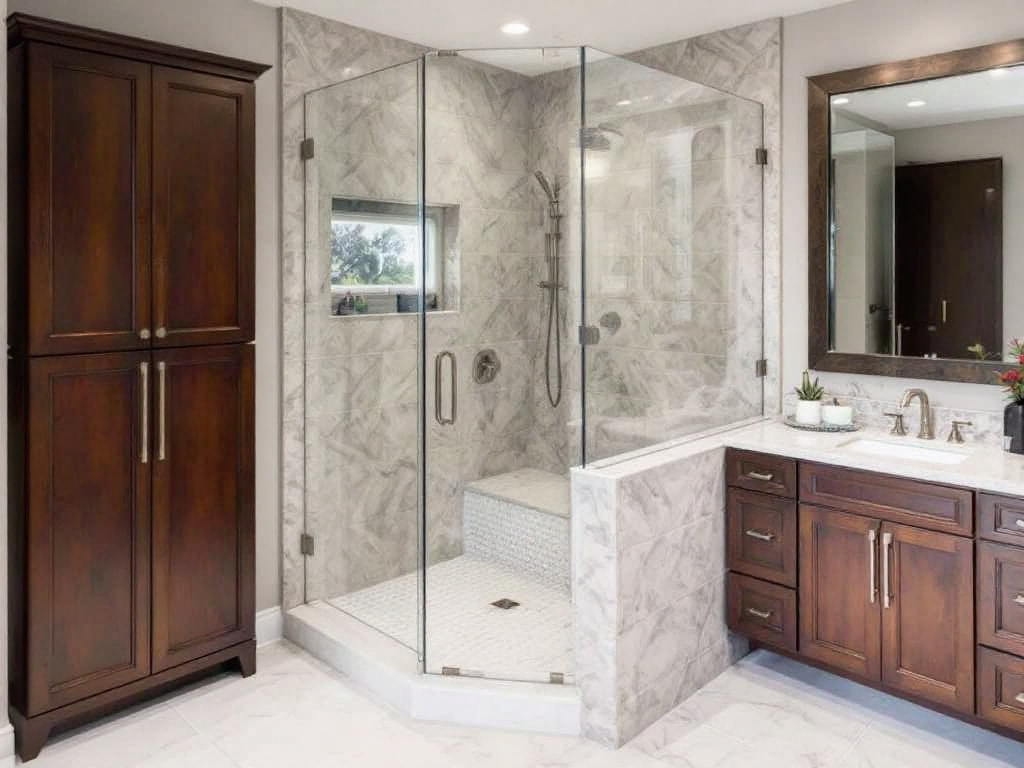 A custom frameless glass shower installation reflecting ultimate luxury in a home in Ashland, MA.
