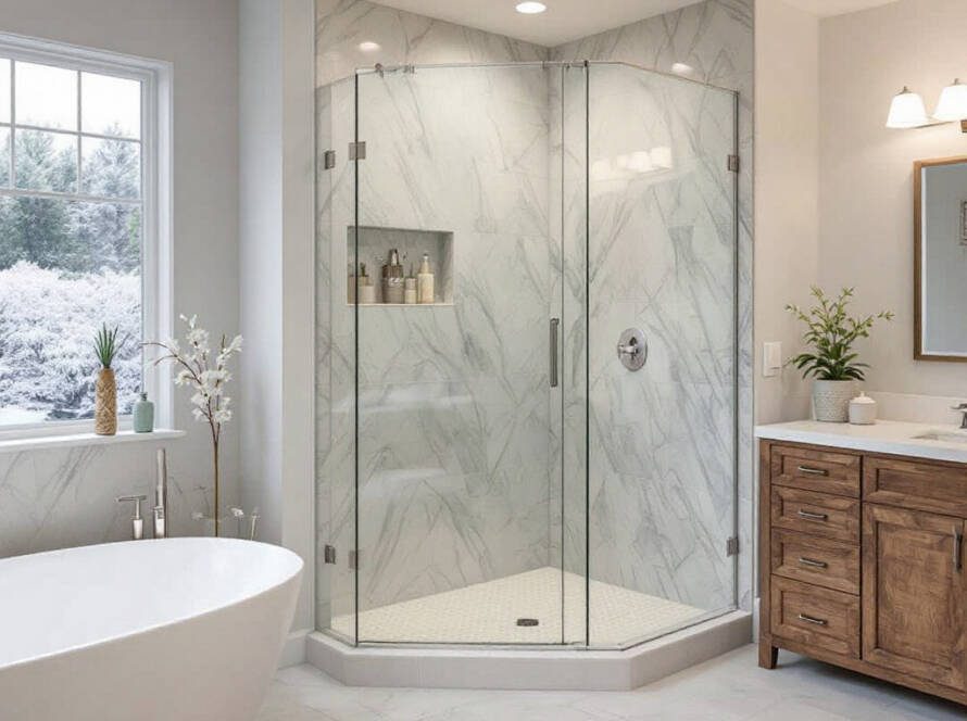 Professional installing a modern sliding glass shower door in Woburn, MA.